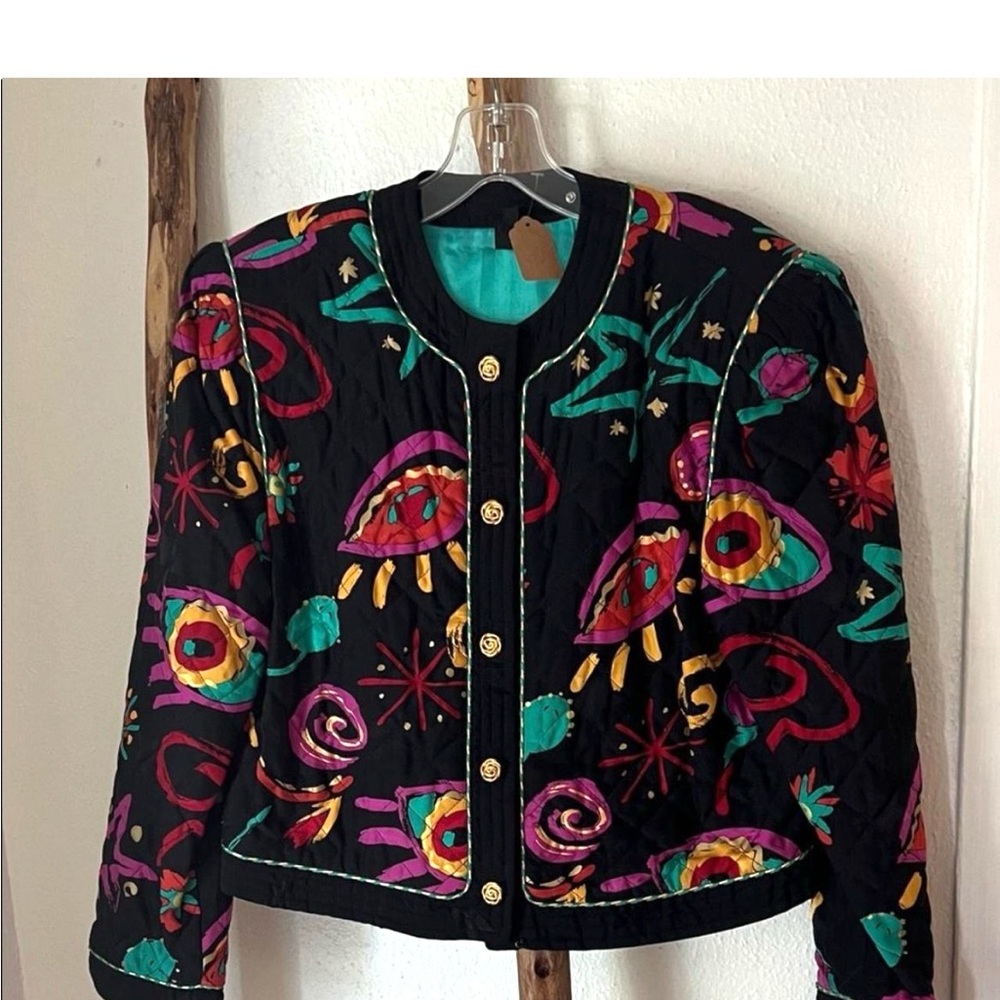 Colorful 80s Silk Painted Black Whimsical Women's Quilted Jacket Medium OOAK